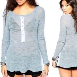 Free People Storm Blue Mountain Song Henley Long Sleeve Knit Sweater Size L
